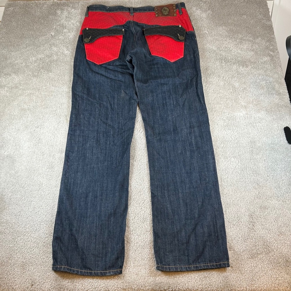 VTG Y2K Kanji Jeans Denim Pants Mens 34 Blue Red Woven Faux Leather Skull Rivets